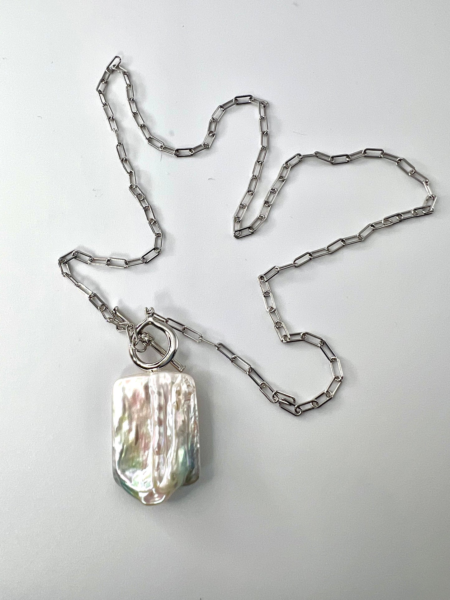 Sterling Silver Large Rectangle Pearl Necklace on  'OT' Chain