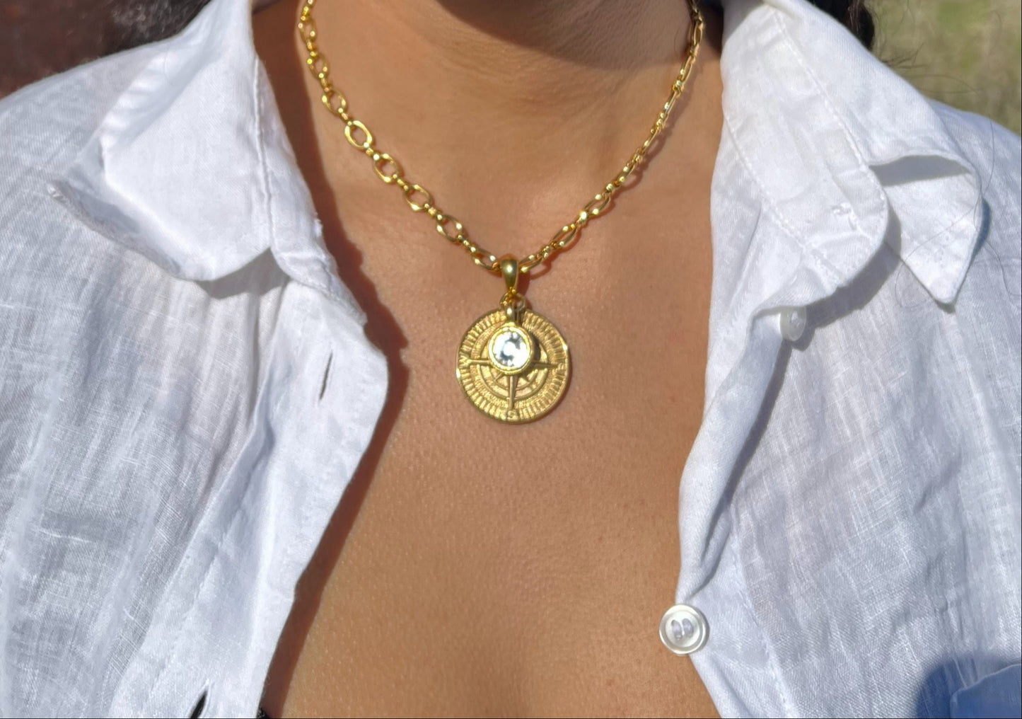 Compass,  pendant necklace, true North gold, on lattice chain (long)