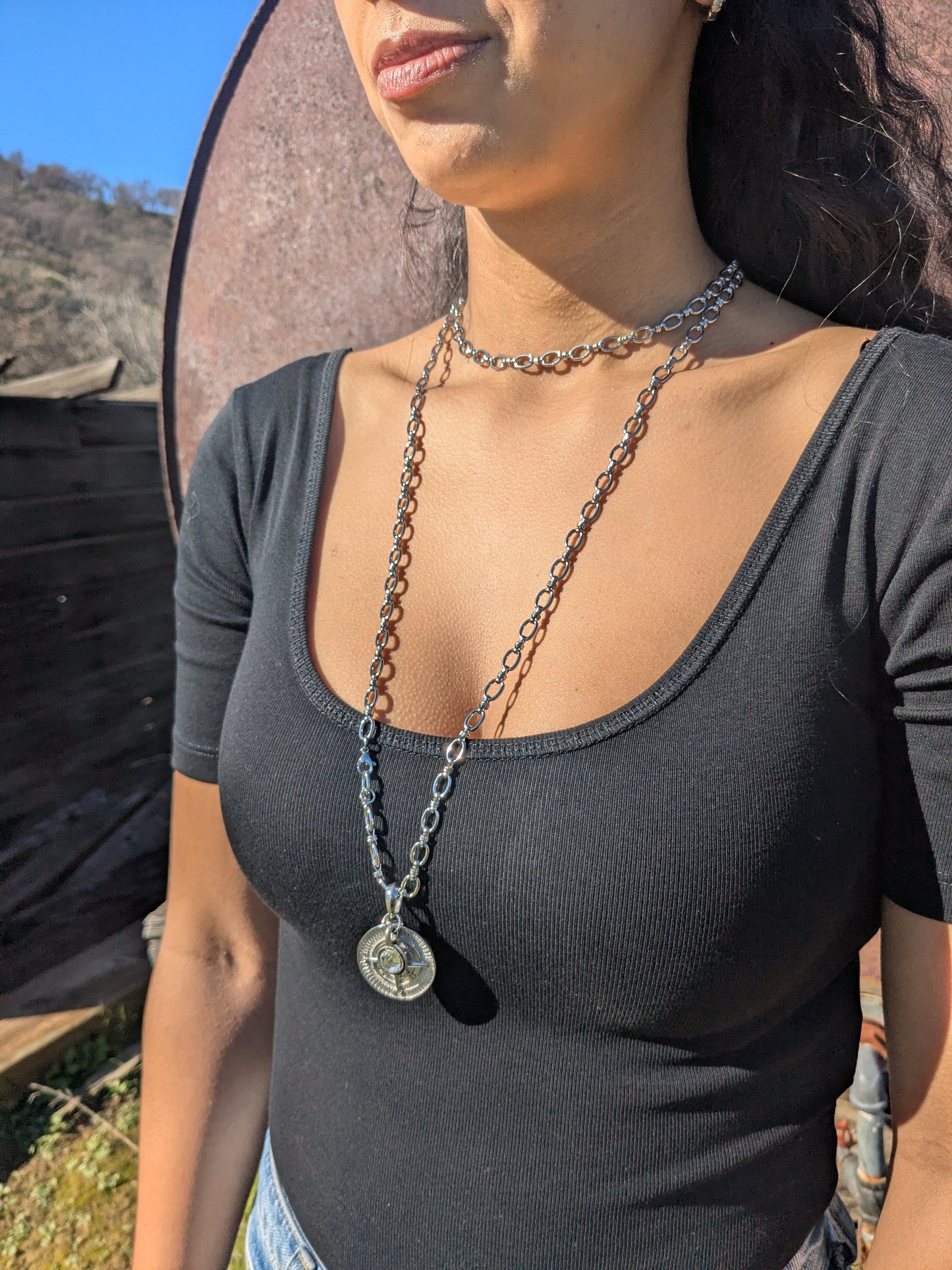 Compass, pendant, necklace, True North,  Lattice Chain w/ Cubic Zirconia