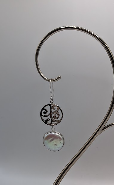 Sterling silver filigree coin pearl earrings