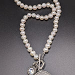 6mm fresh water pearl necklace with toggle clasp/ St Benedict replica medal