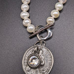 6mm fresh water pearl necklace with toggle clasp/ St Benedict replica medal