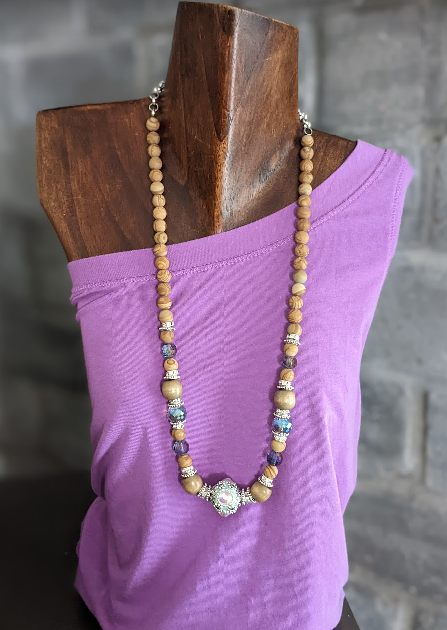 Prayer beaded Boho necklace with crystals and Kashmiri Aqua centerpiece