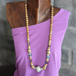 Prayer beaded Boho necklace with crystals and Kashmiri Aqua centerpiece