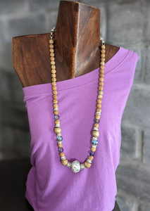 Prayer beaded Boho necklace with crystals and Kashmiri Aqua centerpiece