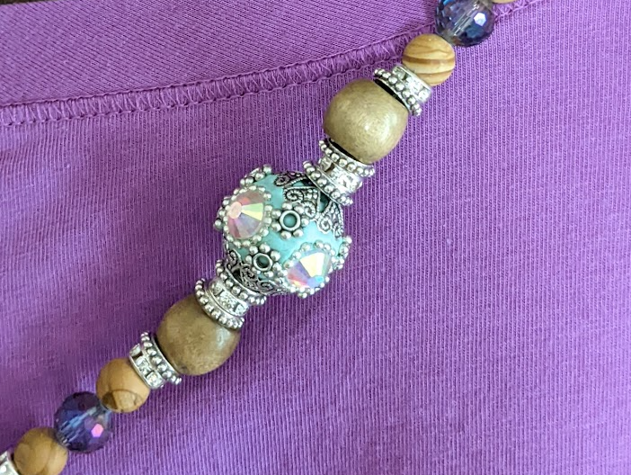 Prayer beaded Boho necklace with crystals and Kashmiri Aqua centerpiece