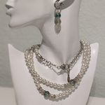 Pearl & metal Heart necklace 30" (aqua crystal)